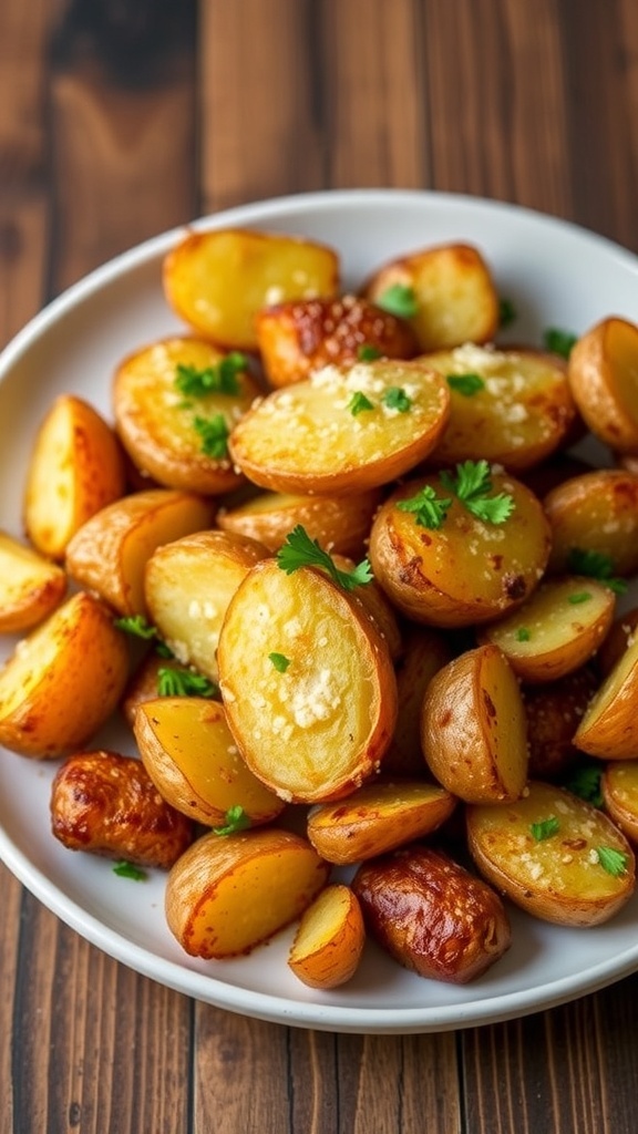 Crispy Parmesan Roasted Potatoes Recipe Crispy parmesan roasted potatoes garnished with parsley on a rustic wooden table.